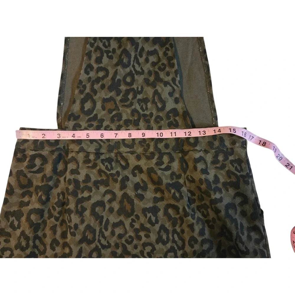 Umgee Olive Green Leopard Print Coverall Denim Dress juniors knee/mini M